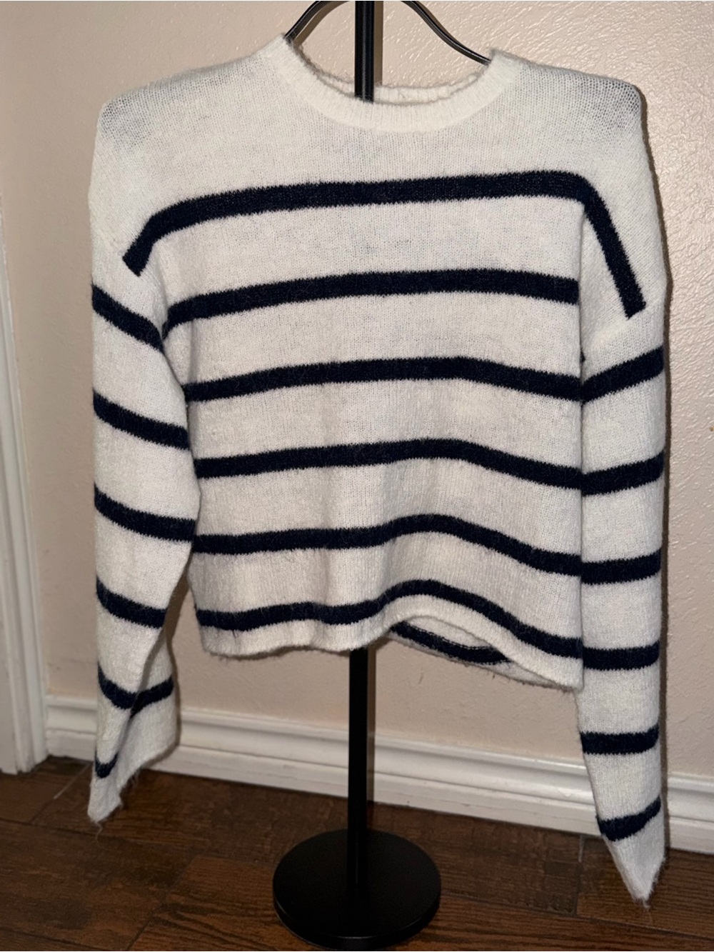Women's Striped Crewneck Sweater in White and Navy